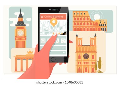 Closeup of female finger touching virtual symbol of famous touristic destination. Online booking concept.Flat vector illustration