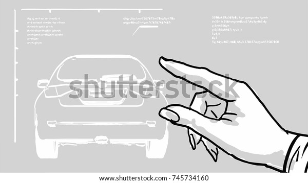  Close-up of a\
female hand pointing at at the car schematic. Black and white\
vector sketch. Simple drawing.\
