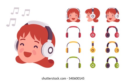 Closeup of female head in wireless on-ears headphones, her eyes closed with enjoment, listening to music, isolated from the world, very loud, resting and relxing, happy meloman. Different positions