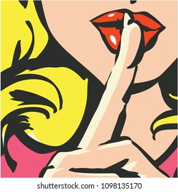Close-up Of Female Lips With Index Finger Gesturing Silence. Shh Woman Pop Art Poster. Shhh Woman. Shh Icon. Keep Silence.