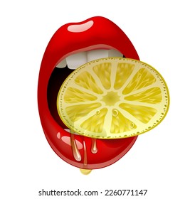 Close-up female mouth with bright red lips with juicy cut lemon isolated on white. Vector illustration