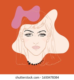 Closeup female portrait. Youthful female in hand drawn line art illustration. Make up template. Vector design.