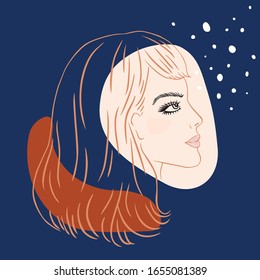 Closeup female side profile. Young female in hand drawn line art illustration. Beauty template. Vector design.