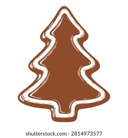 Close-up of a festive Christmas tree-shaped cookie decorated with white icing and chocolate accents, perfect for holiday celebrations.