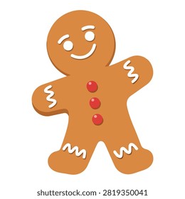 Close-up of a festive gingerbread man cookie decorated with white icing and three red buttons, symbolizing holiday treats and Christmas cheer.