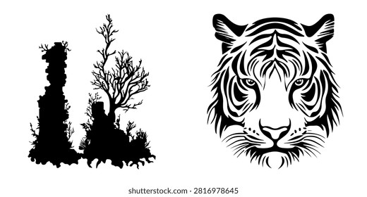 Close-up of a fierce tigers face highlighting its intense eyes and detailed fur pattern, emphasizing wild beauty and strength.