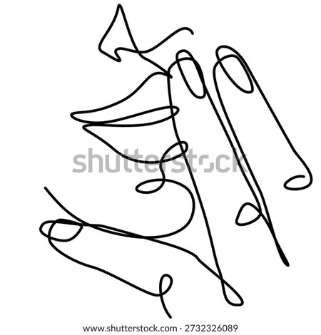 Closeup of finger on woman's lips one line drawing. Closeup of finger on woman's lips single line illustration. Closeup of finger on woman's lips minimalist line art