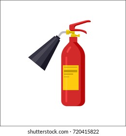 Closeup of fire extinguisher with black horn, standard red cylinder and yellow sticker isolated vector illustration. Device used for extinguishing flame