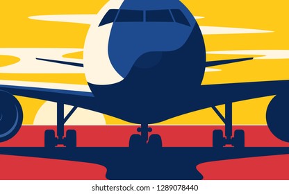 Closeup. Flat style vector illustration of the airliner at sunset at the airport.