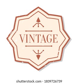 Closeup flat vintage colored label with grunge decorative element. Package sticker frame text template. Retro shape border banner, menu design. Single vintage badge isolated vector illustration