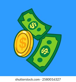 A close-up of floating golden coins and green dollar bills on a bright blue background vector illustration cartoon