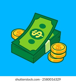 A close-up of floating golden coins and green dollar bills on a bright blue background vector illustration cartoon