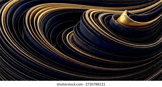 Close-up of flowing, layered dark blue and gold metallic abstract texture with a sense of depth and movement.