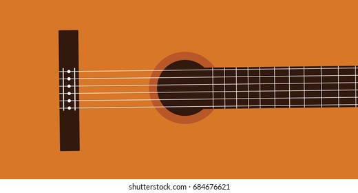 closeup & focus on classical guitar vector background flat design style. classic music cartoon. concept musical. orange acoustic wooden guitar. melody concert creative cover page modern clean isolated