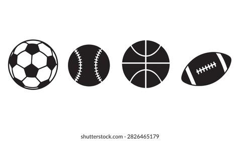 Close-up of four different sports balls: soccer, baseball, basketball, and football, arranged in a row on a plain background, highlighting their textures and designs.
