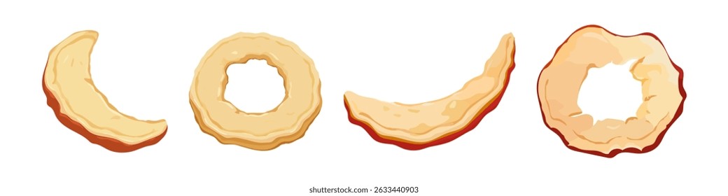 Close-up of four dried apple slices with natural texture and light brown edges isolated on a white background for healthy snack ideas. Vector illustration