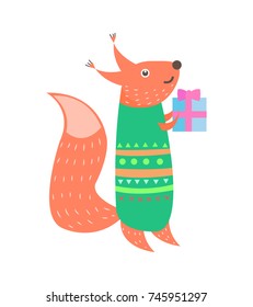 Closeup of fox standing with present with pink ribbon on it, wearing green sweater, image on vector illustration isolated on white