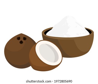 Closeup fresh coconut fruit and dried coconut flakes isolated on white background. Icon vector illustration.