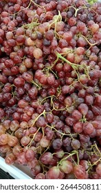 Close-up of fresh red grapes with stems at a grocery store. Perfect for vineyard, harvest, and antioxidant-rich food content