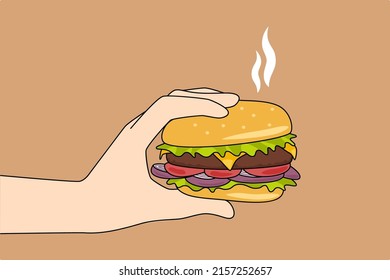Closeup of fresh tasty burger with lettuce, meat patty, onions, tomatoes and cheese. Person hold delicious cheeseburger. American fast food culture and restaurant. Vector illustration. 