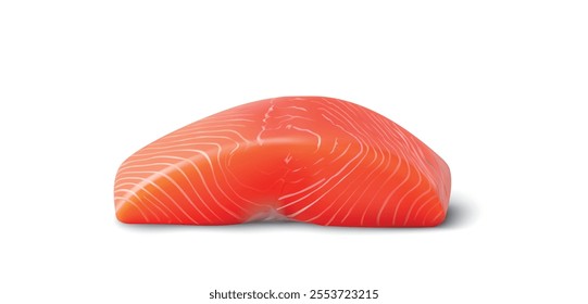 Close-up of a fresh, vibrant raw salmon fillet with visible marbling and smooth texture, isolated on a white background. 3D vector illustration