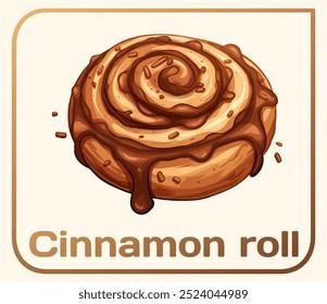 Primer plano del ícono de Vector de rollo de canela recién horneado. Masa dorada-marrón recubierta de azúcar dulce y canela y cubierta con glaseado brillante. Ilustración de comida para la deliciosidad de la golosina clásica