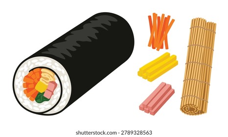 A close-up of a freshly made Gimbap roll, showcasing its colorful fillings, alongside its individual ingredients and a bamboo mat.