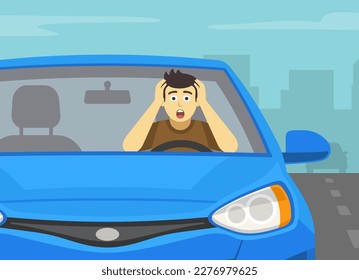 Close-up of a frightened male driver holding his head with hands while driving. Front view of a car on city road. Flat vector illustration template.