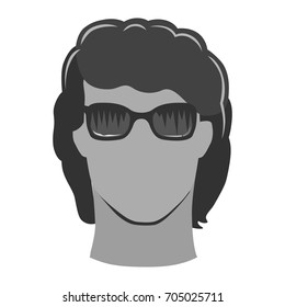 Closeup front portrait of a young curly man in sunglasses, vector illustration isolated on white background