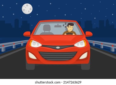 Close-up front view of a drowsy driver. Sleeping young male character while driving a red car on highway at night. Flat vector illustration template.