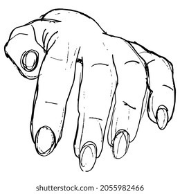 Closeup front view of a human hand with bent fingers. Hand drawn linear doodle rough sketch. Black silhouette on white background.