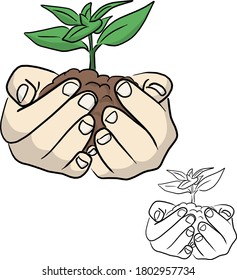 Close-up Front View Of Human Holding Green Plant In Hands Vector Illustration Sketch Doodle Hand Drawn With Black Lines Isolated On White Background. Ecology Concept.