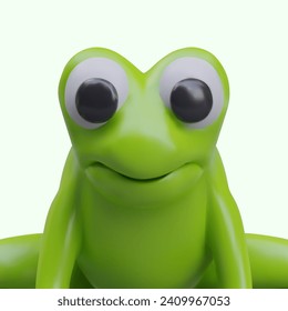 Close-up front view on realistic cartoon frog. Tailless amphibian in green colors on white background sitting and ready to jump. Vector illustration in 3d style