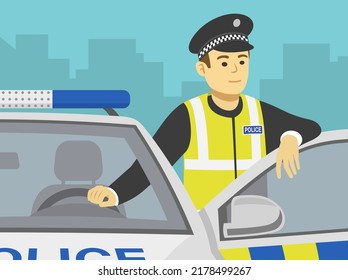 Close-up Front View Of A Police Officer Leaning On The Car Door. Flat Vector Illustration Template.