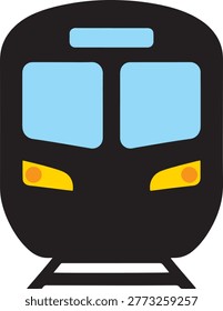 Close-up front view of a train's face. Modern passenger train with bright yellow headlights and blue windows.