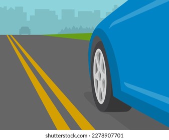 Cierre de la rueda delantera del coche azul en una autopista. Línea de carretera doble sólida amarilla. Plantilla de ilustración vectorial plana.