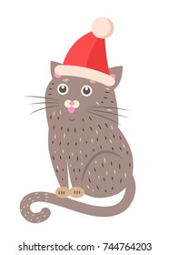 Closeup of funny cat with red hat on its head, animal sitting calmly and looking somewhere, represented on vector illustration isolated on white