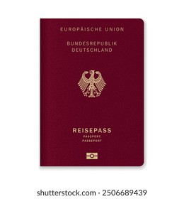 Close-up of a Germany passport cover featuring gold text and emblem on maroon background.