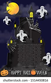 Closeup ghost hose on Halloween foggy night with scary ghosts and witch in paper cut out and vector design.