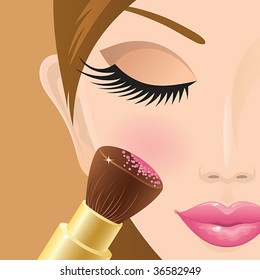 Close-up of a girl applying rouge on her cheek. Vector.