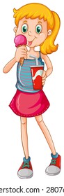 Closeup girl eating icecream and drinking soda