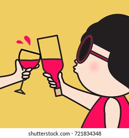 Closeup Of Girl And Hands Toasting With Bottle And A Glass Of Wine Concept Card Character illustration