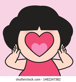 Closeup Girl With Heart Shape Mouth Shouts Out Love Concept Card Character illustration