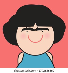 Closeup Girl With Her Heavy Unibrow, Jacco Brow Or Monobrow Concept Card Character illustration