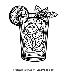 Close-up of a glass filled with ice cubes, lemon slices, and mint leaves, creating a refreshing beverage presentation.