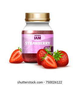 Closeup glass jar with strawberry jam and berries isolated on white background. Jam and jelly sweet strawberry, vector illustration