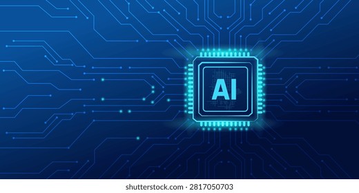 Closeup of a glowing AI microchip integrated into a blue circuit board, symbolizing advanced artificial intelligence, machine learning, and future computing technology.