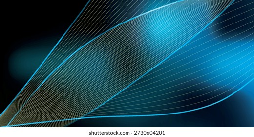 Primer plano de rayas de luz azul brillante y un patrón de cuadrícula fina contra un fondo oscuro y borroso.