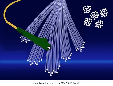 Close-up of glowing fiber network cables agains blue background with green connector. Illustration made January 12th, 2025, Zurich, Switzerland.