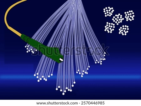 Close-up of glowing fiber network cables agains blue background with green connector. Illustration made January 12th, 2025, Zurich, Switzerland.